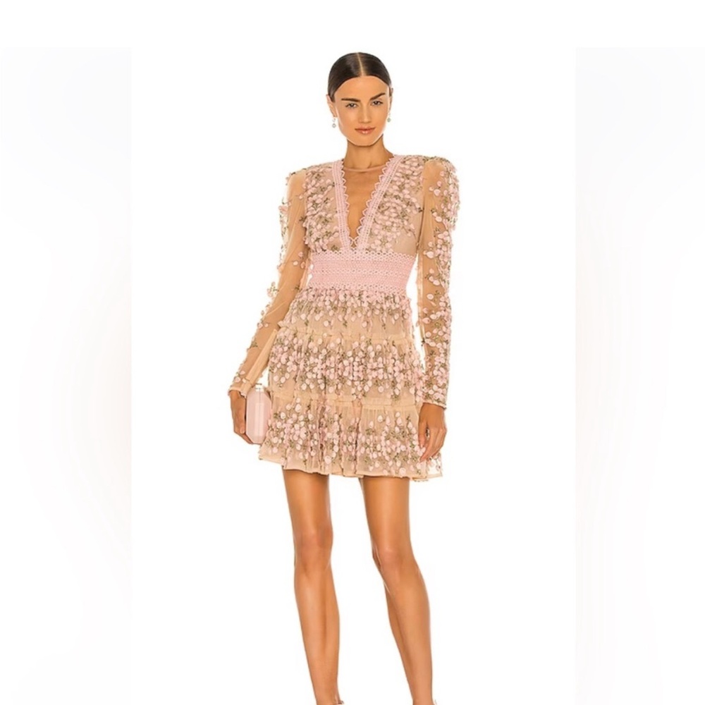 bronx and banco megan pink all over lace mesh detail longsleeve mini dress small